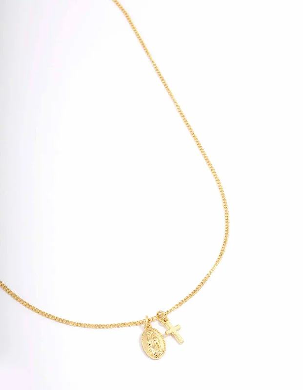 Bohemian Style Necklace-Gold Plated Mary Cross Charm Pendant Necklace