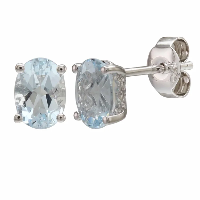 Gold Stud Earrings-14K White Gold 1.30ctw Oval Aquamarine Stud Earrings