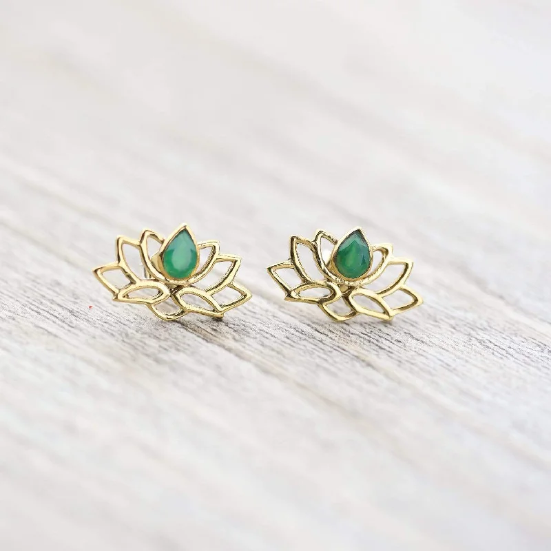 Simple Sterling Silver Earrings-Emerald Lotus Earrings