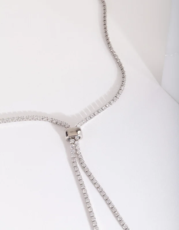 Fashion Crystal Pendant Necklace-Silver Cubic Zirconia Lariat Necklace