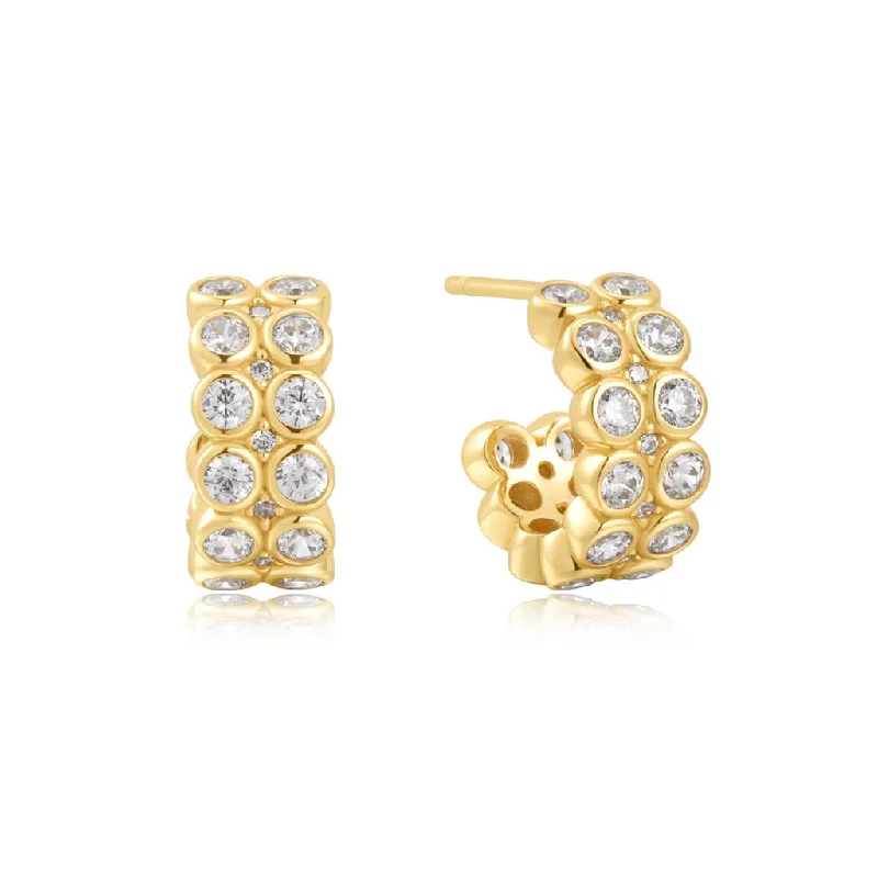 Classic Silver Earrings-Gold Plated Cubic Zirconia Double Row Huggie Hoop Earrings by Ania Haie