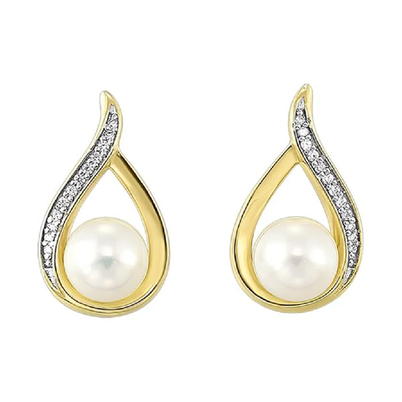 Silver Earrings for Weddings-14K Two Tone Gold 5mm Pearl & Diamond Drop Earrings