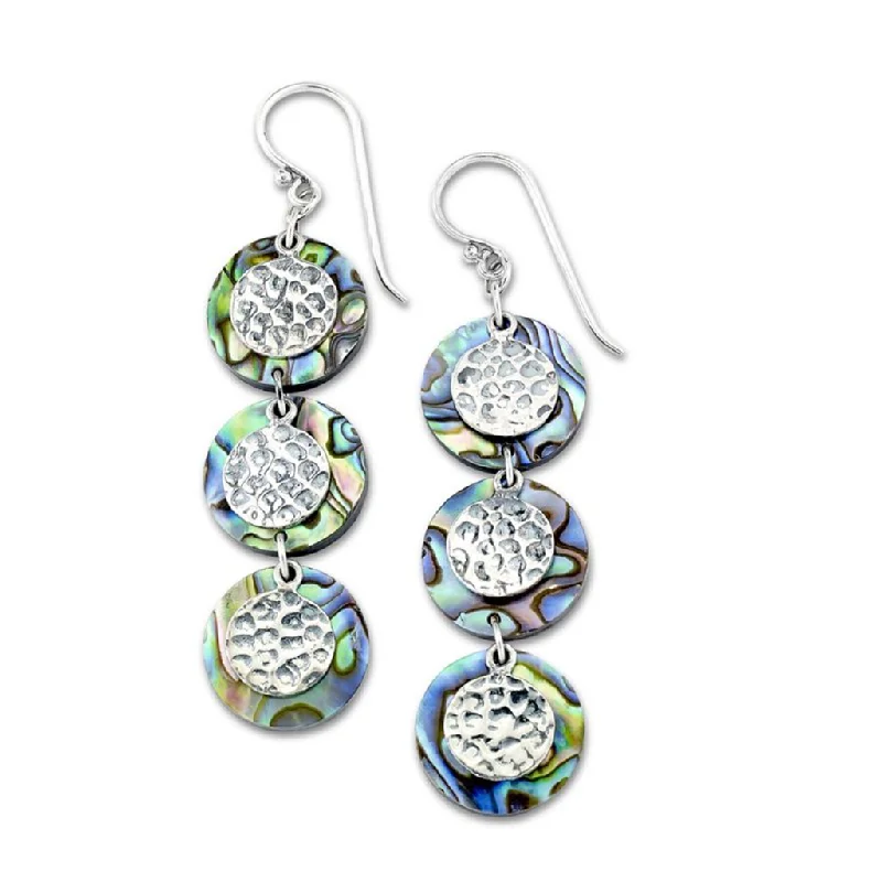 Handcrafted Earrings for Women-Sterling Silver Round Abalone & Hammered Disc Drop Earrings by Samuel B.