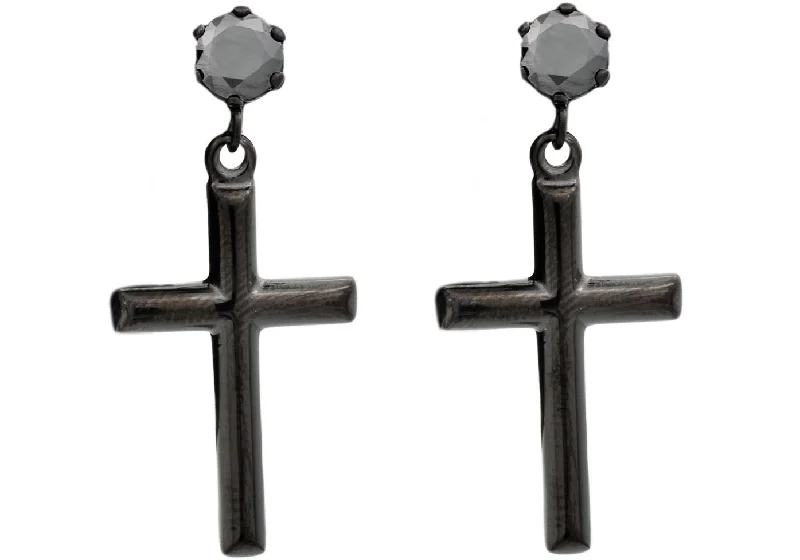 Simple Crystal Earrings-Mens Black Stainless Steel Cross Earrings Studs With Black Cubic Zirconia