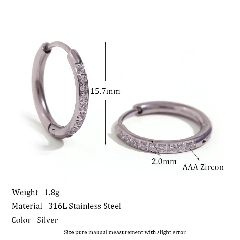 Rounded Edge Zircon Earrings-Steel Color 16mm