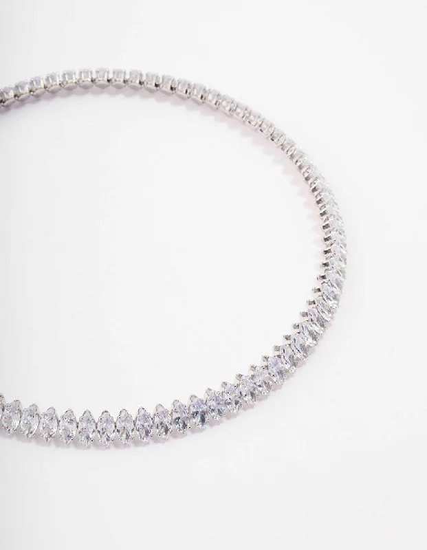 Minimalist Gemstone Necklace-Silver Cubic Zirconia Navette Stone Choker