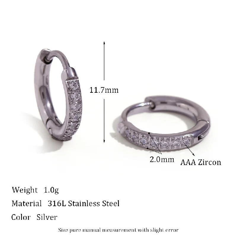 Rounded Edge Zircon Earrings-Steel Color 12mm