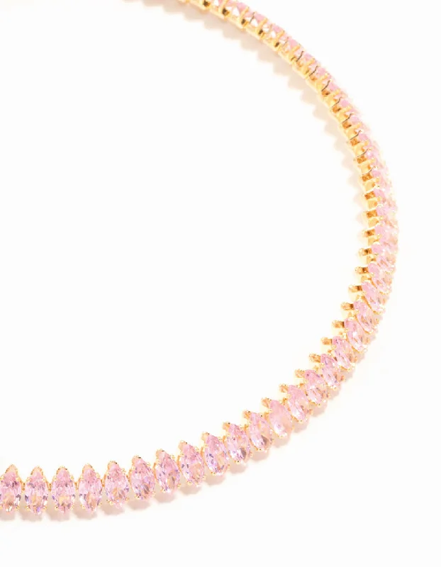 Simple Bar Necklace for Women-Pink Cubic Zirconia Navette Choker Gold Necklace