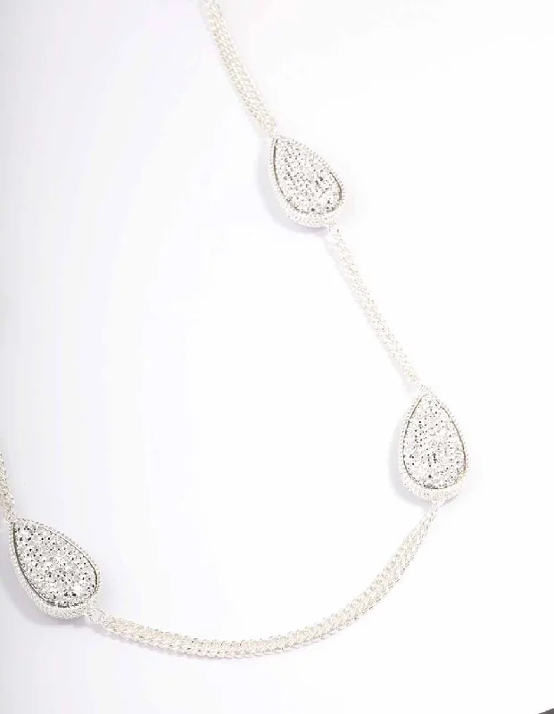 Sparkling Crystal Necklace-Silver Oval Long Chain Necklace