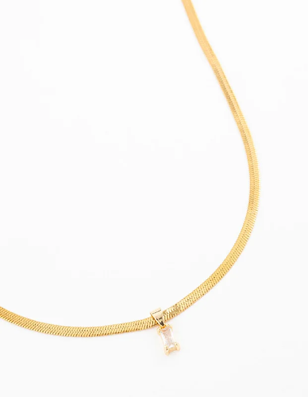 Double Pendant Necklace-Gold Plated Cubic Zirconia Baguette Snake Pendant Necklace