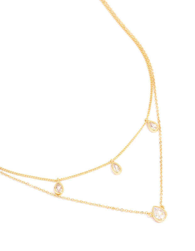 Handmade Chain Necklace-Gold Plated Cubic Zirconia Teardrop Layered Necklace