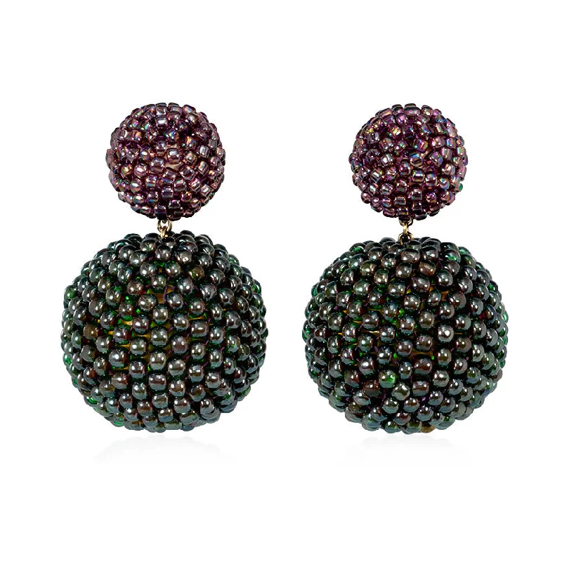 Fashionable Ear Cuffs-Glass beaded ball earrings in light plum and green-red