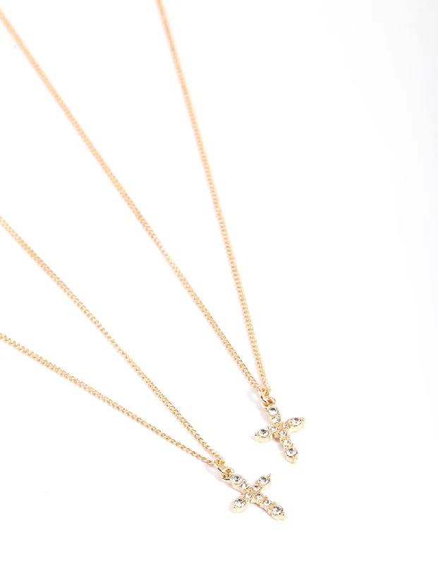 Long Chain Necklace for Women-Gold Classic Diamante Cross Necklace Pack