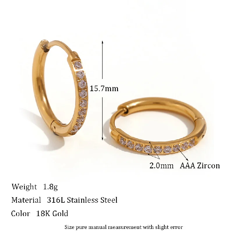 Rounded Edge Zircon Earrings-Gold-16mm