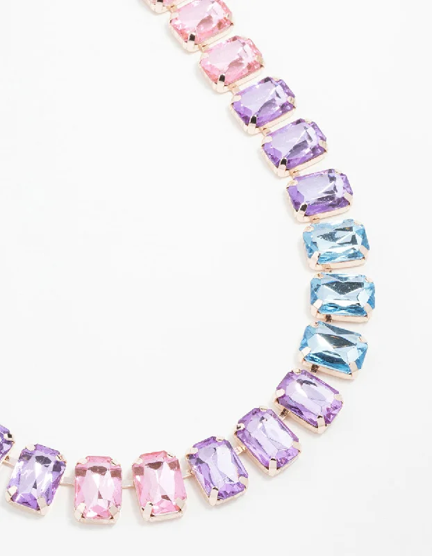 Trendy Gold Necklace-Rose Gold Pink, Blue & Purple Stone Short Necklace