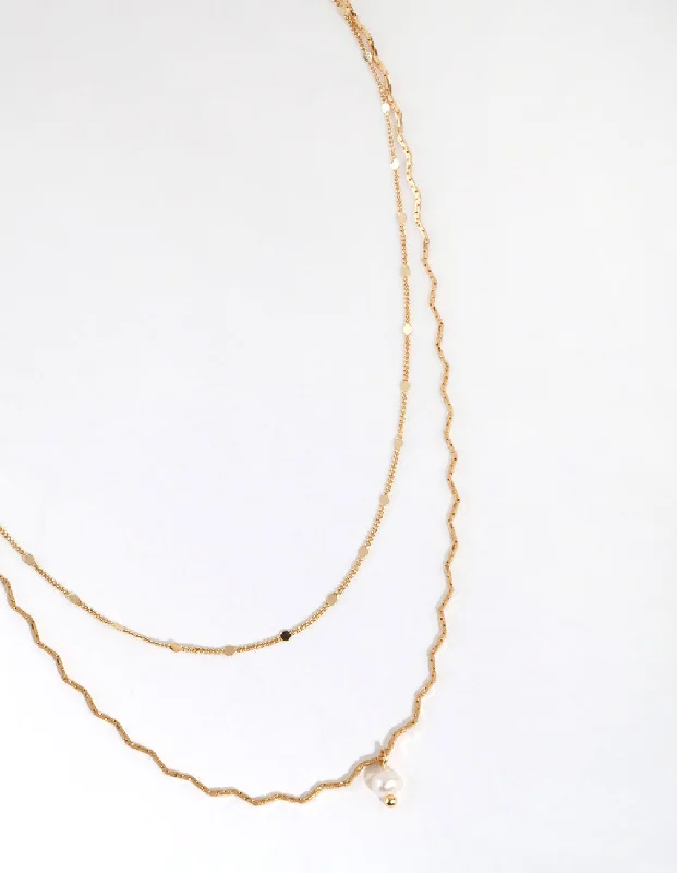 Geometric Bar Necklace-Gold Plated Wave Chain & Freshwater Pearl Layered Necklace