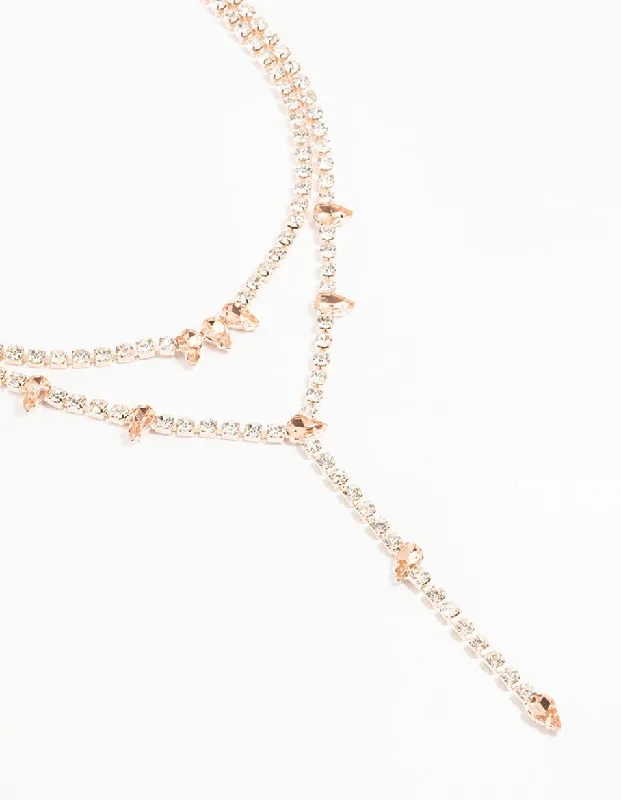 Luxury Gemstone Necklace-Rose Gold Diamante Cupchain Layered Y-Necklace