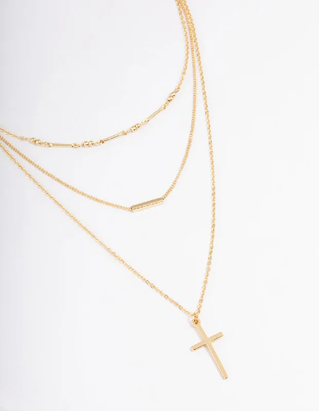 Classic Diamond Necklace-Gold Plated Layer Bar & Cross Layered Necklace