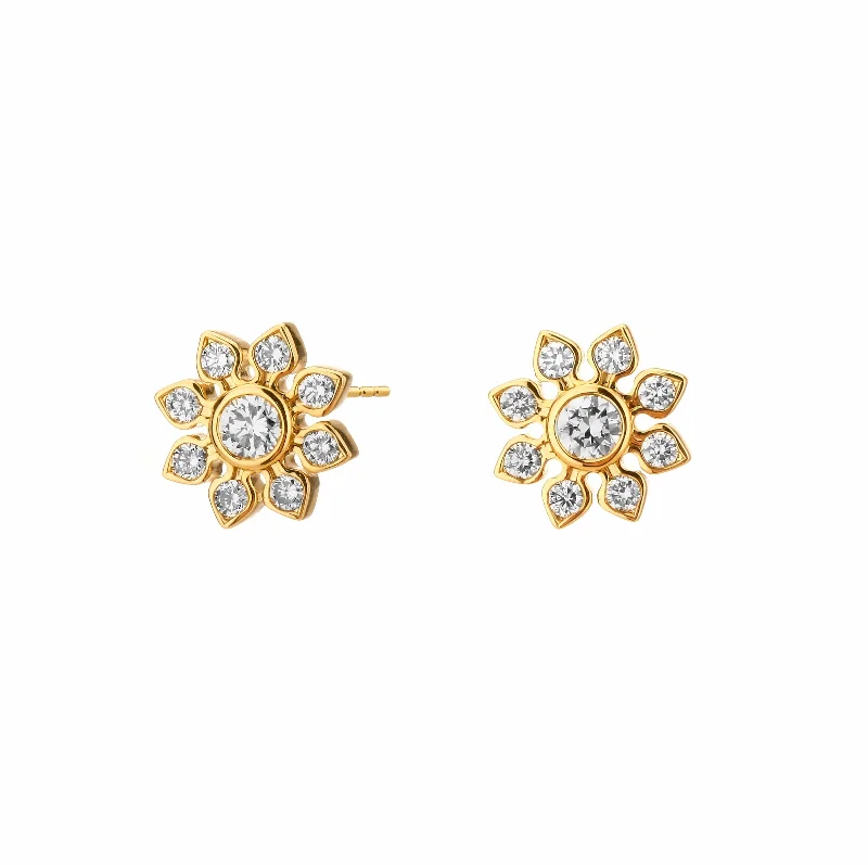 Textured Gold Earrings-Diamond Flower Studs