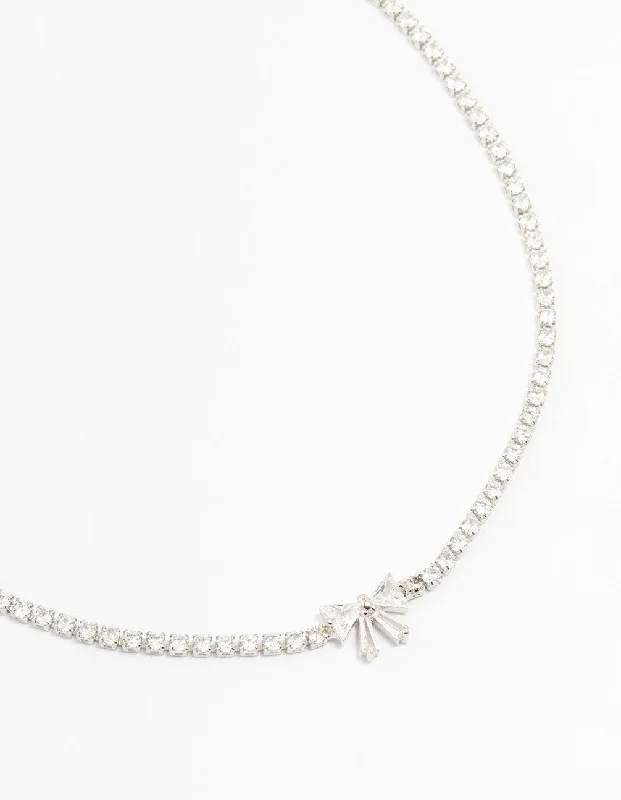 Long Layered Necklace-Silver Cubic Zirconia Round Stone & Bow Necklace