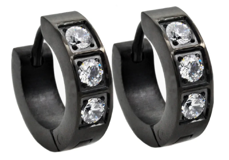 Cute Dangle Earrings-Mens 14mm Black Plated Stainless Steel Hoop Earrings With Cubic Zirconia