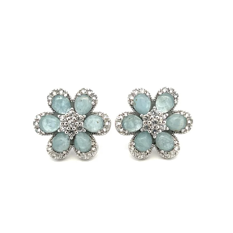 Gemstone Hoop Earrings-Sterling Silver Aquamarine & White Topaz Flower Stud Earrings by Samuel B.