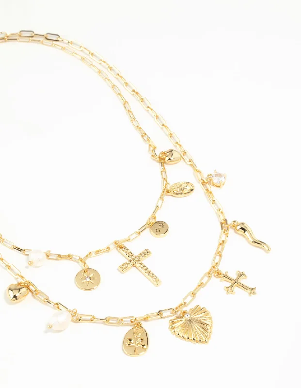 Fashion Silver Pendant Necklace-Gold Plated Freshwater Pearl, Cross & Heart Charm Necklace