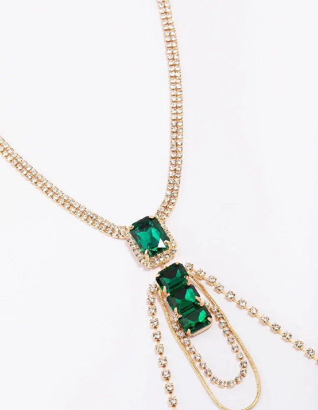 Luxury Diamond Necklace-Gold Diamante & Emerald Stone Drop Necklace