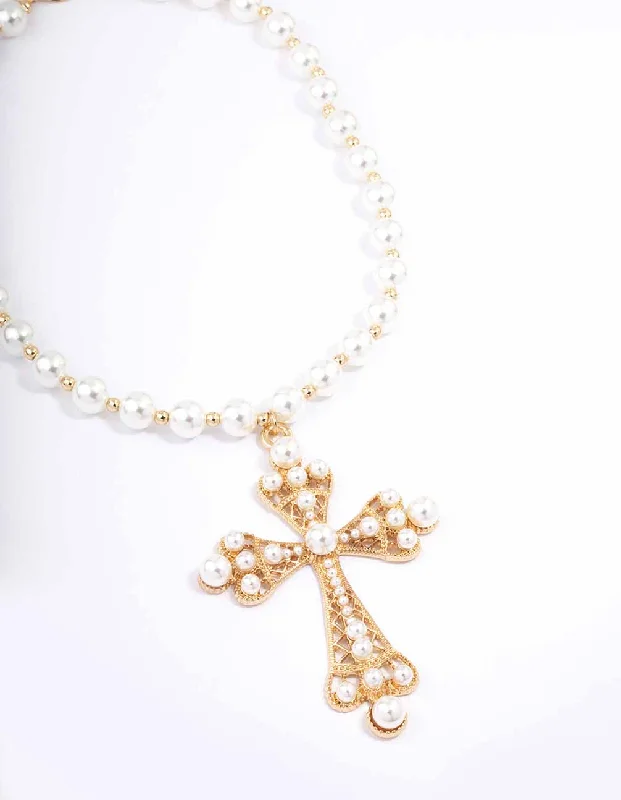 Gold Rope Chain Necklace-Gold Pearl Large Cross Pendant Necklace