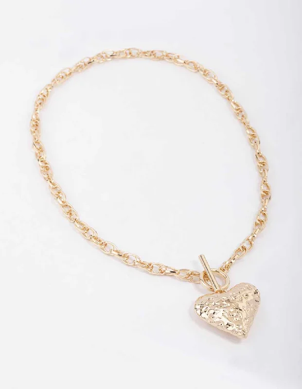 Elegant Crystal Necklace-Gold Filigree Puffy Heart Necklace