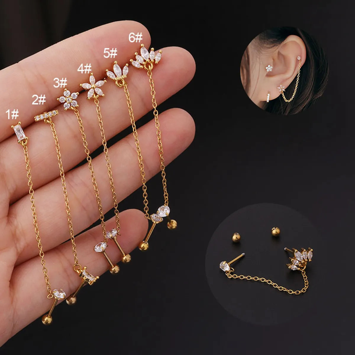 Crystal Cocktail Ring-Fashion Flower Plating Stainless Steel Artificial Gemstones Ear Bone Stud