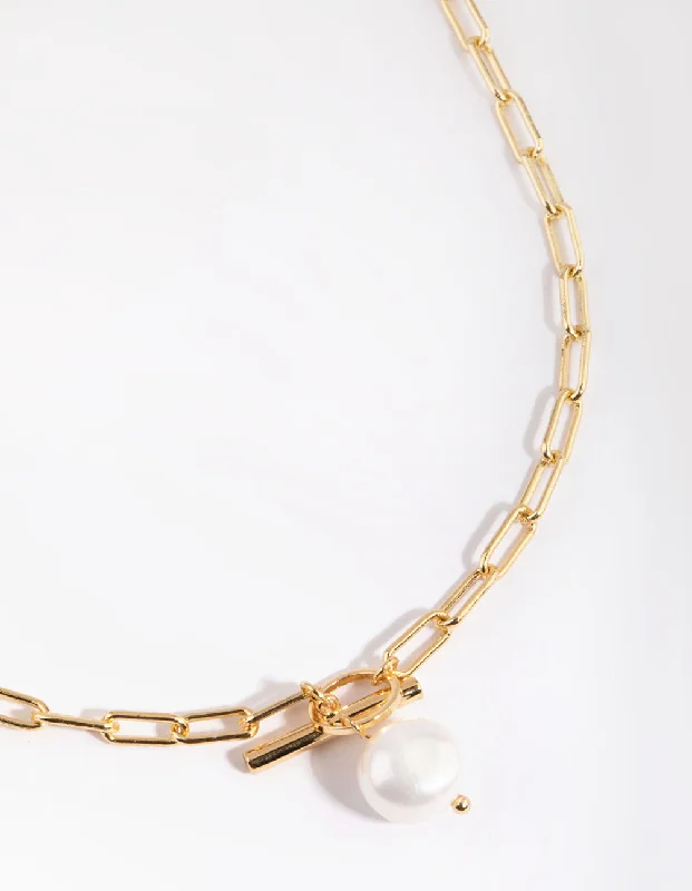 Opal Chain Necklace-Gold Plated Fob Necklace with Freshwater Pearl