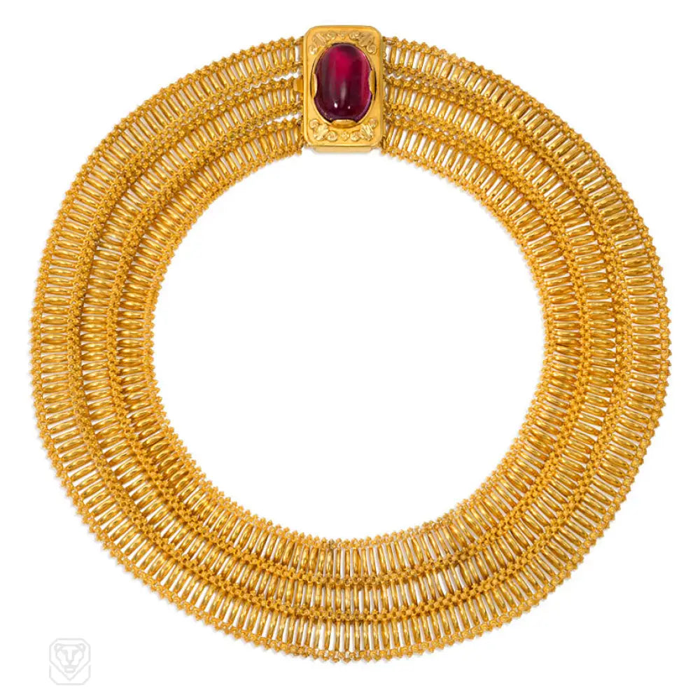 Classic Diamond Necklace-Georgian gold three-row necklace with garnet clasp