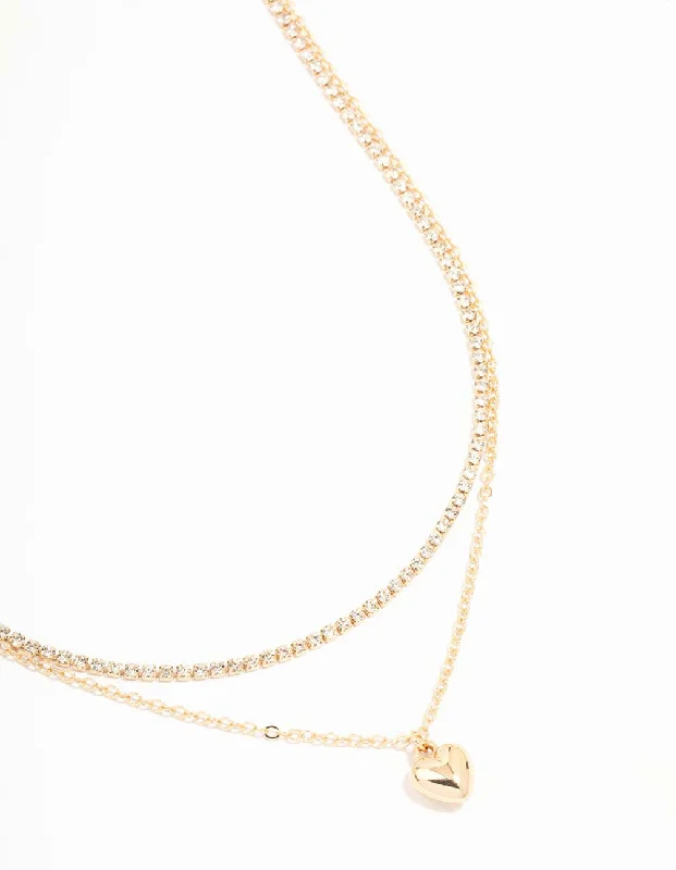 Silver Rope Necklace-Gold Diamante & Puffy Heart Layered Necklace