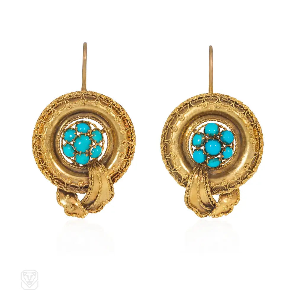 Abstract Design Earrings-Victorian gold and turquoise bulla earrings