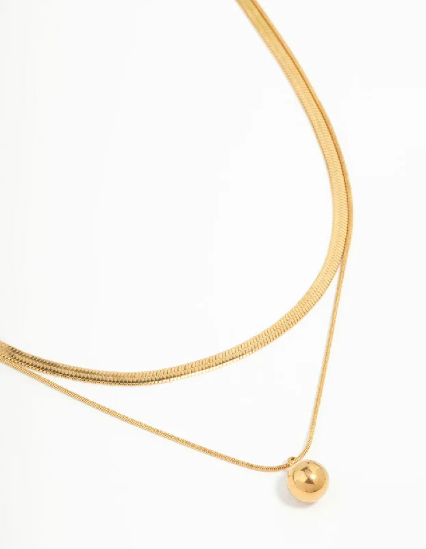 Vintage Bar Necklace-Waterproof Gold Plated Stainless Steel Layered Ball & Snake Chain Necklace