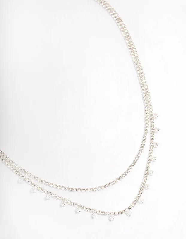 Fashion Gemstone Necklace-Silver Plated Diamante Double Layer Choker