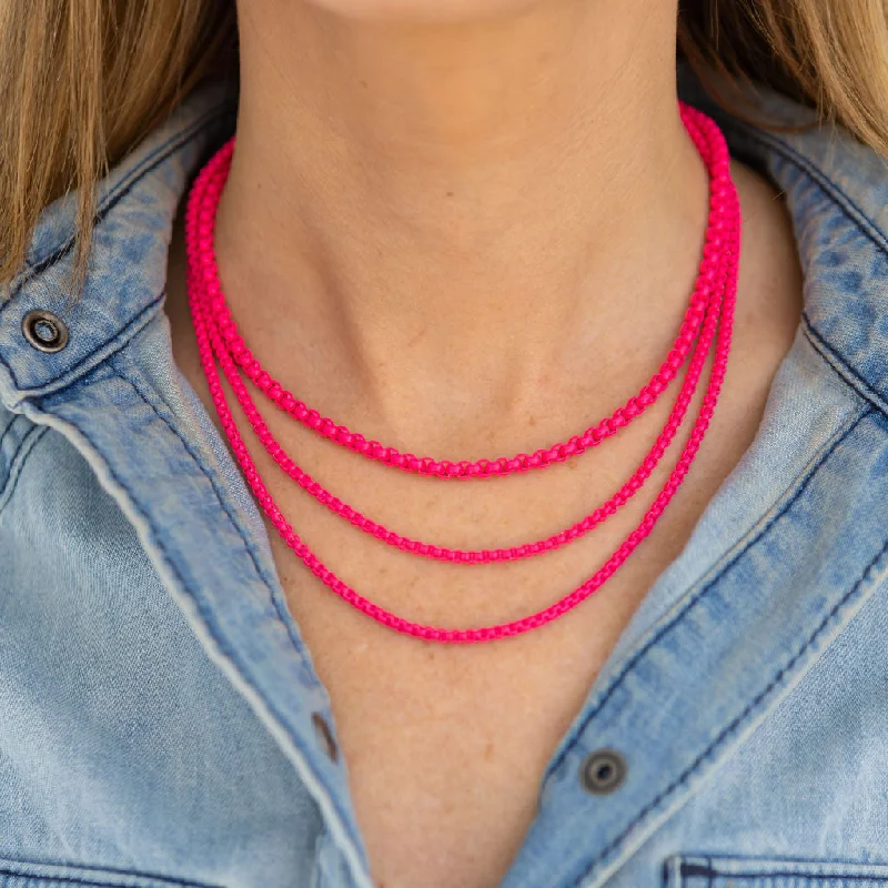 Layered Silver Necklace-Hot Pink Triple Stand Necklace