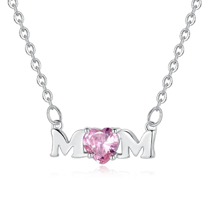 Simple Gold Pendant Necklace-Mom Necklace with Pink Cubic Zirconia