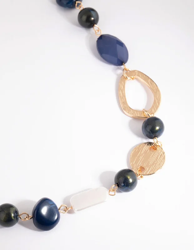 Gold Statement Necklace-Gold & Blue Pearl & Bead Long Necklace