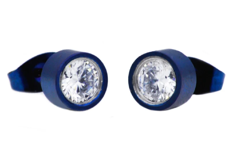 Simple Silver Earrings for Women-Mens 6mm Blue Plated Stainless Steel Stud Earrings With Cubic Zirconia