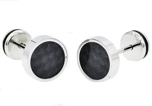 Unique Gemstone Earrings-Mens 9mm Stainless Steel Earrings With Black Carbon Fiber