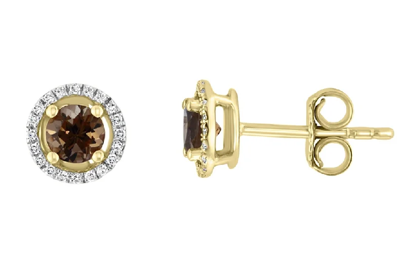 Artistic Metal Earrings-14K Yellow Gold 0.70ctw Smoky Quartz & Diamond Halo Stud Earrings