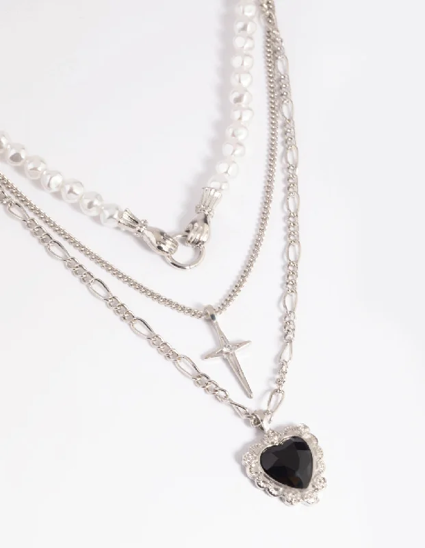 Luxury Charm Necklace-Silver Pearl Heart Star Layered Necklace