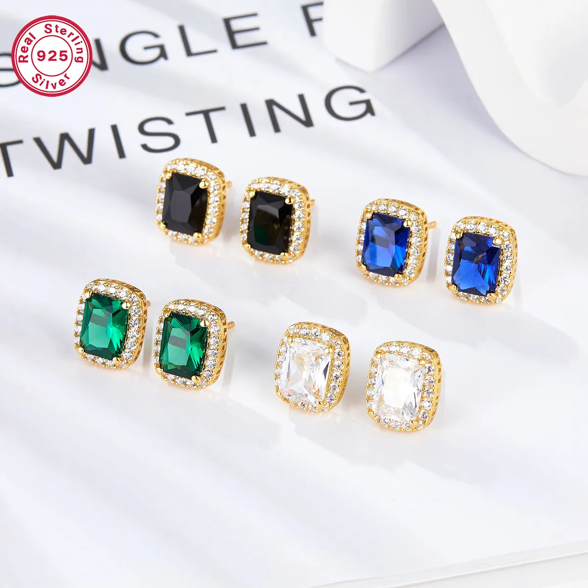 Handmade Gold Ring-1 Pair Elegant Rectangle Plating Inlay Sterling Silver Zircon Ear Studs