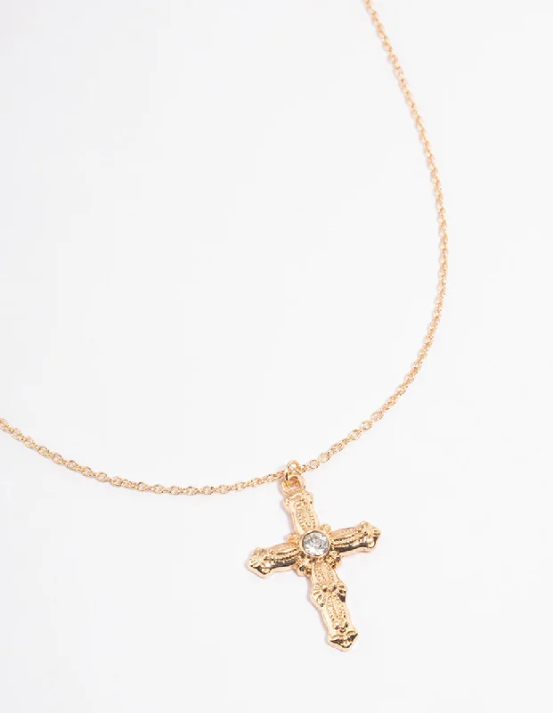 Luxury Gemstone Necklace-Gold Ornate Diamante Cross Necklace