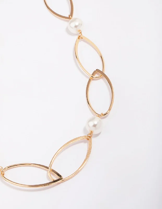 Luxury Silver Necklace-Gold Oval Pearl Link Chain Necklace