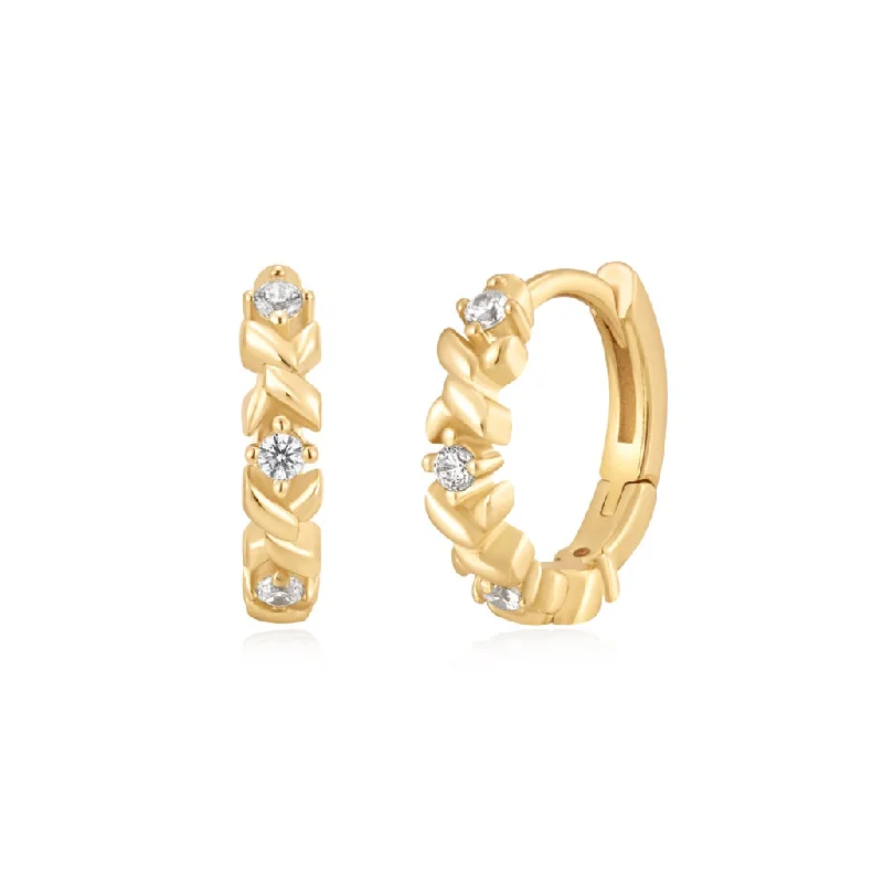 Stylish Stud Earrings-Gold Plated Cubic Zirconia Twist Huggie Hoop Earrings by Ania Haie