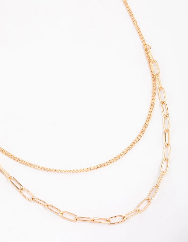 Crystal Charm Necklace-Gold Curb & Cable Layered Necklace