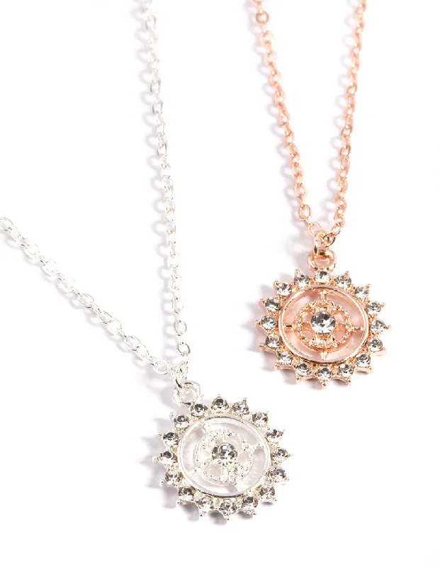 Silver Chain with Gemstone-Mixed Metal Sun Compass Necklace Pack